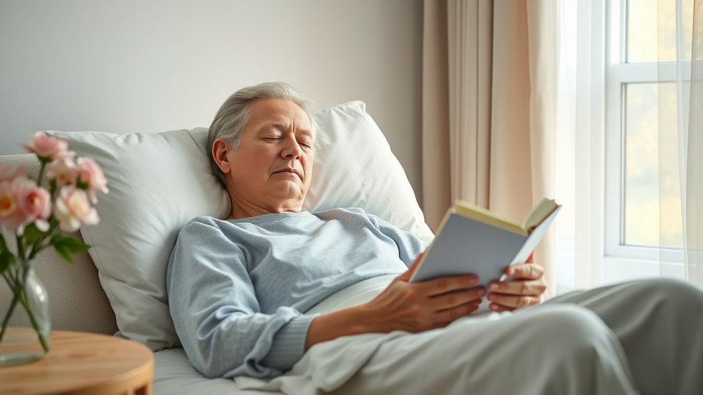 Patient at home, comfortably recovering after cosmetic surgery in a serene bedroom