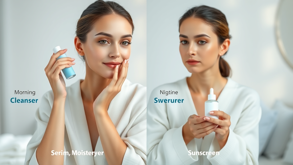 Step-by-step visual of skincare essentials routine, model applying cleanser, serum, moisturizer, sunscreen; morning and night routine; minimalist bathroom; photorealistic healthy glowing skin application