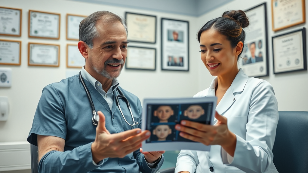 Plastic surgeon with attentive expression consulting a patient, reviewing cosmetic surgery images