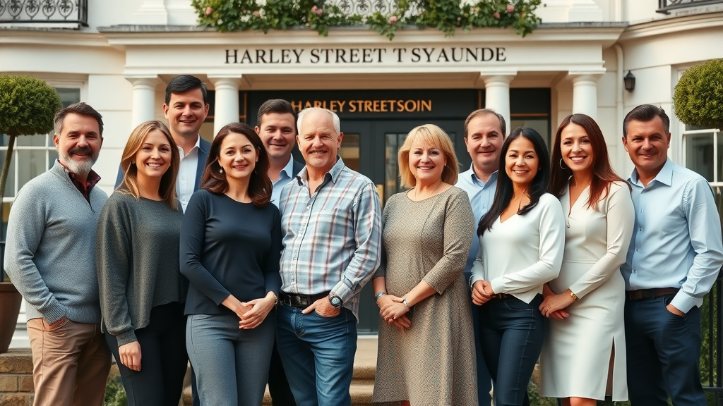 Diverse clients outside a London plastic surgery clinic on Harley Street