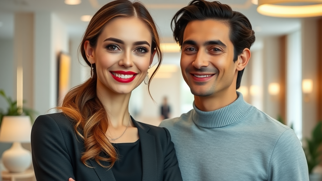 Elegant, confident woman and man post-cosmetic and plastic surgery, smiling in a modern aesthetic clinic