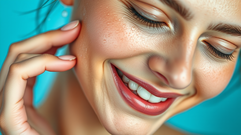 Close-up of hydrated dewy skin, woman smiling and touching cheek, hyaluronic acid serum effect, skin glows with moisture, skincare essentials for hydration