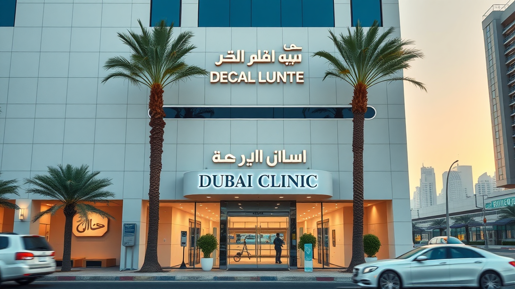 Modern Dubai cosmetic surgery clinic exterior with iconic city backdrop