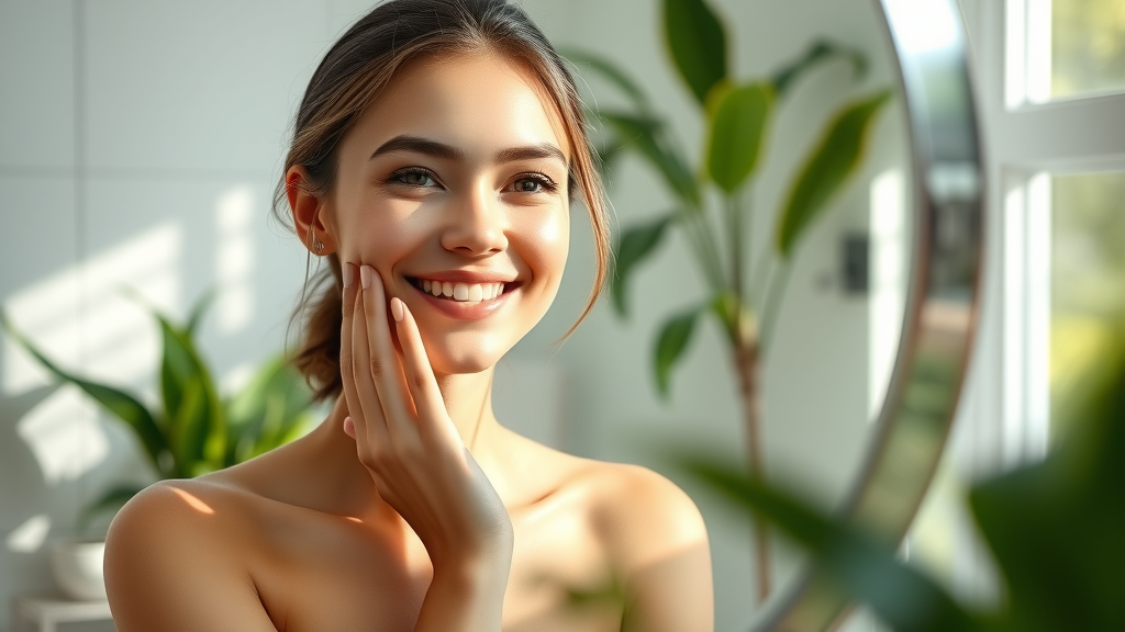 Radiant young woman examining her glowing skin in a mirror; delighted; gently touching her cheek; skincare essentials care routine; lush plants; modern bathroom; soft sunlight; photorealistic; healthy skin highlights