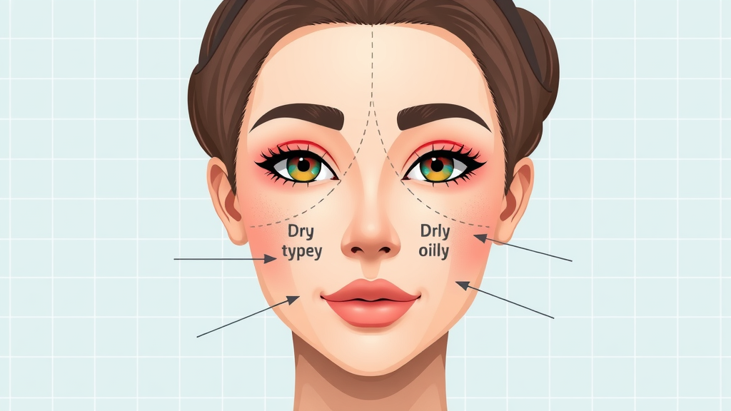 Diagnostic chart for skin types: facial zones, dry, oily, combination, sensitive; informative skincare essentials for your care routine; pastel infographics