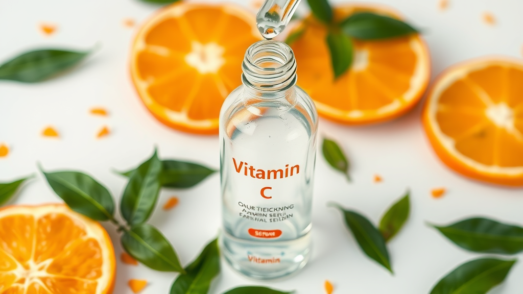 Vibrant vitamin C serum bottle with orange slices, energising care essentials, close-up; vitamin C; glowing skin; macro photography;