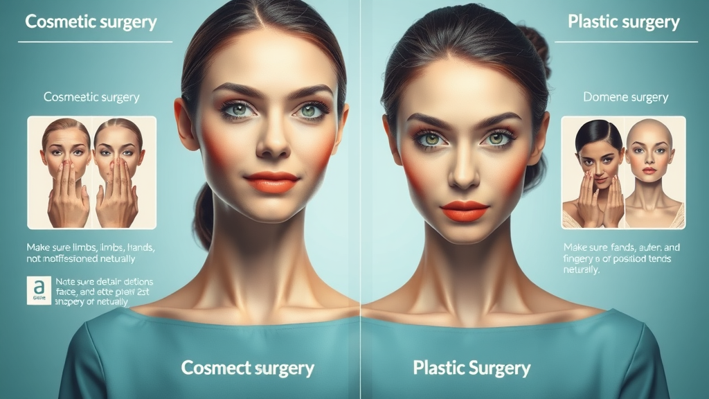 Diagram: Cosmetic surgery versus plastic surgery—differences and highlighted areas for each