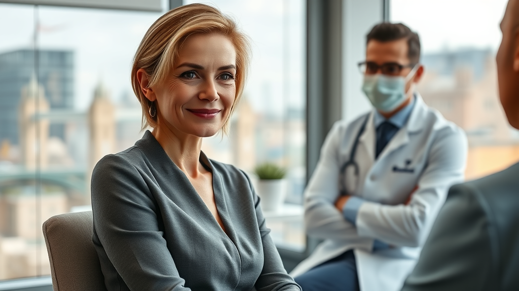 Confident woman at a plastic surgery clinic in London during expert consultation
