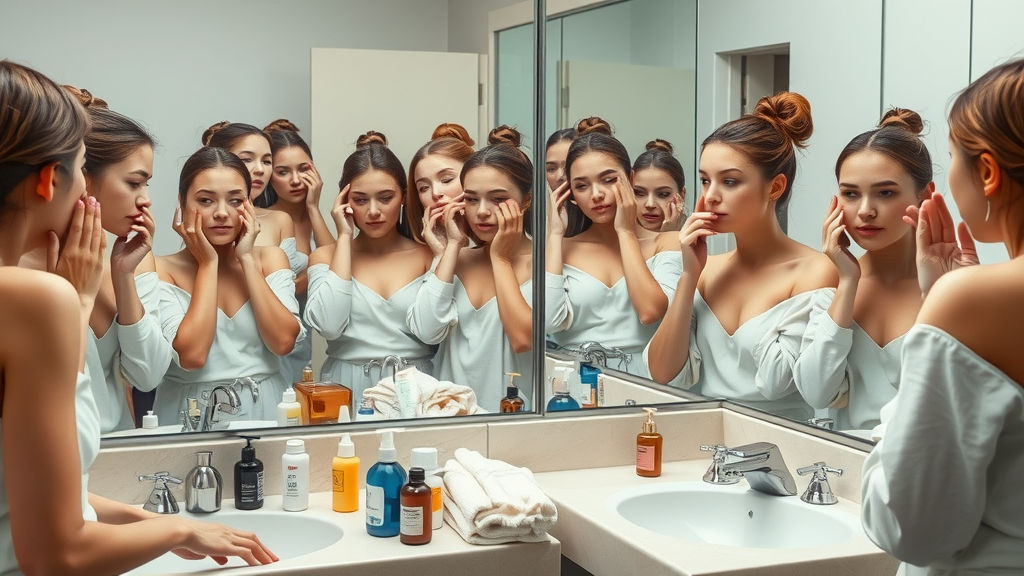 Multiple women inspecting skin in mirror, frustrated and hopeful, skincare essentials products on bathroom counter, care routine, morning light, photorealistic