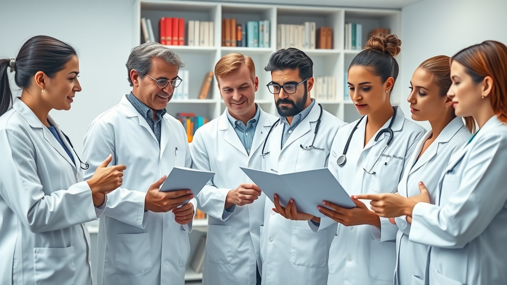 Diverse dermatologists in clinic, discussing skincare products and routines, analysing charts; expert care essentials advice