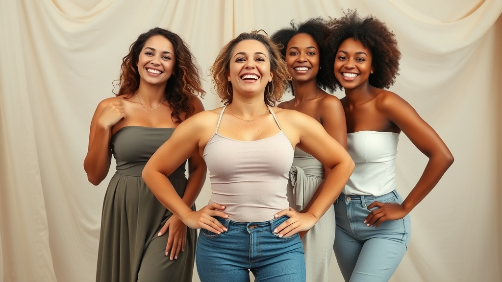 Diverse women post-breast reduction and augmentation, confident and joyful in flattering attire