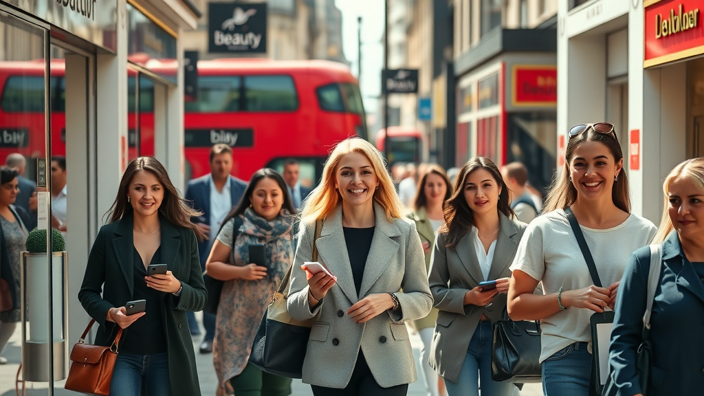 beauty services london vibrant modern London street outside beauty salons, smiling clients, iconic red buses, elegant storefronts