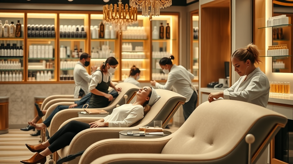 hair and beauty salon elegant upscale salon, plush chairs, gold accents, clients enjoying facials and hair treatments