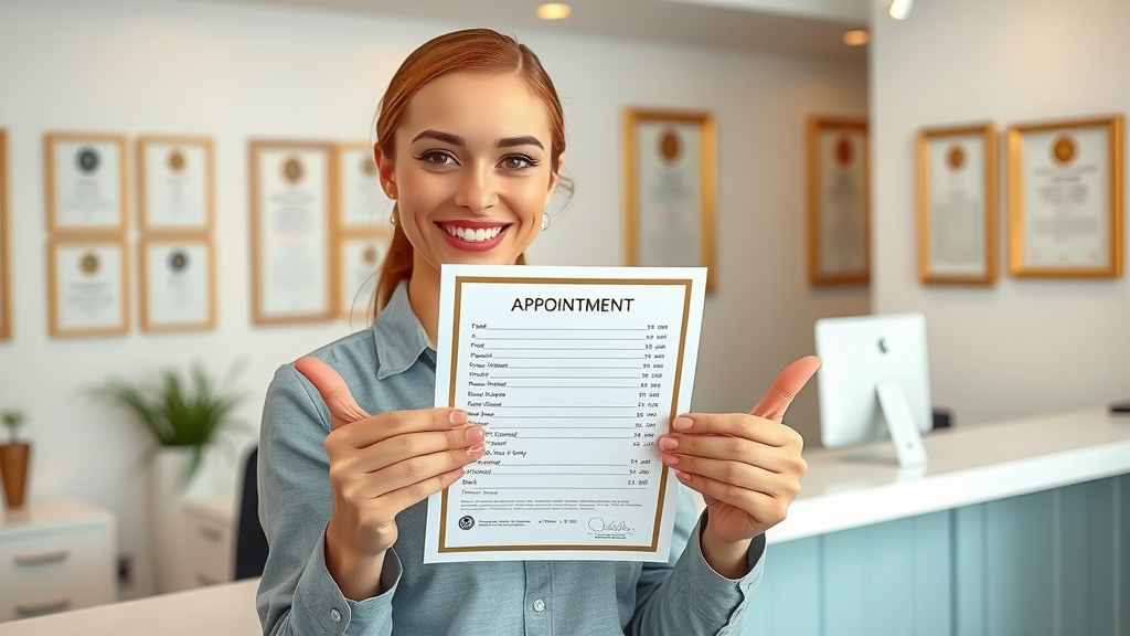 beauty salon receptionist presenting appointment list and certifications, beauty services london customer care