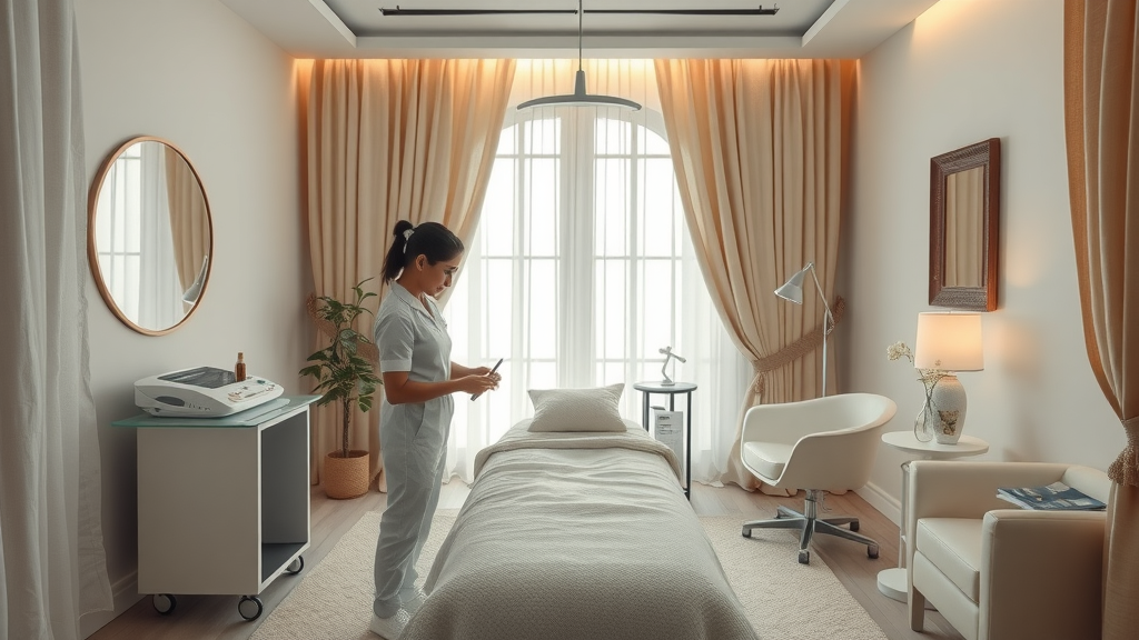 Luxurious London treatment room, calm and organized, beauty therapist preparing the space - treatment room in london beauty treatment