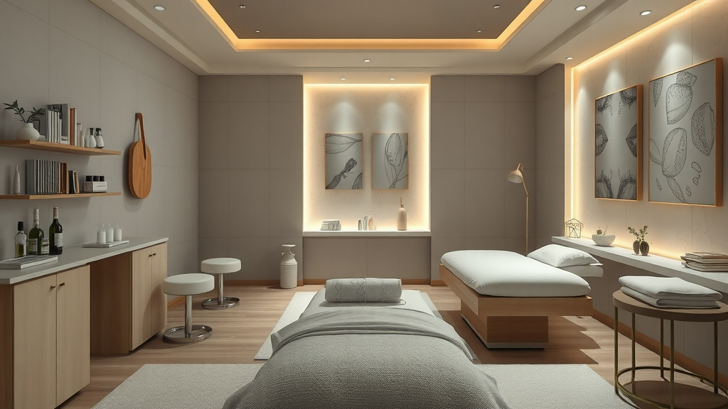 sumptuous treatment room in a London beauty salon with minimalist chic decor and plush beds