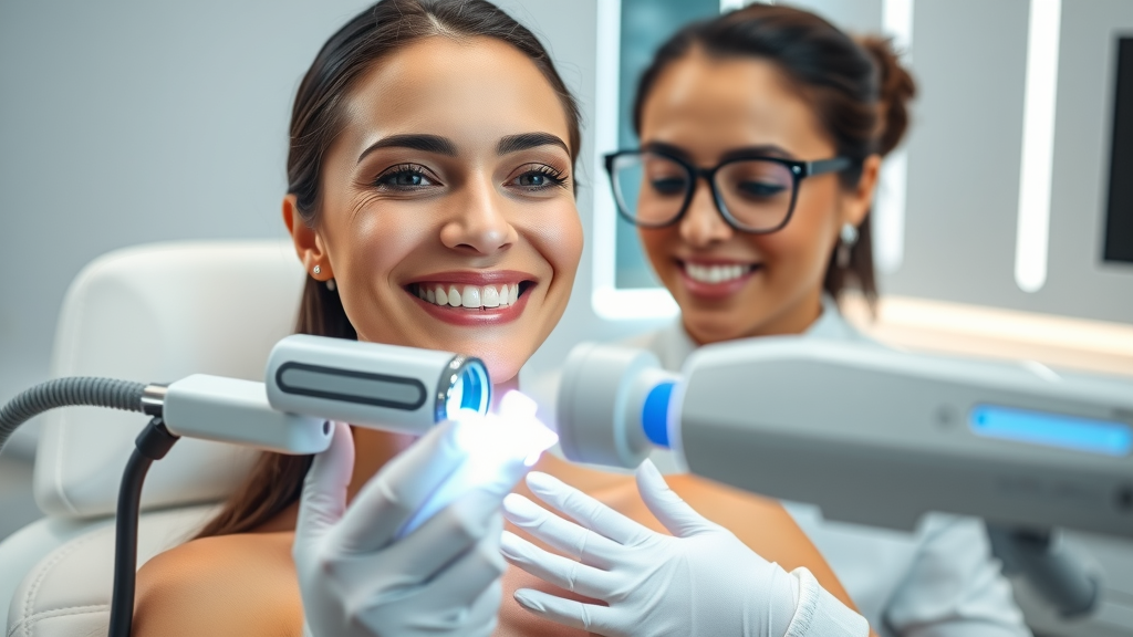 modern laser hair removal at a london salon with happy client, professional beautician, and high-tech equipment