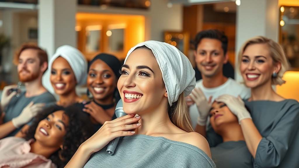 diverse men and women receiving london beauty treatment services in a luxury salon